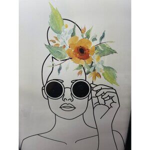 Kyra Brown Framed Art Print Woman In Sunglasses Sunflower Floral Headpiece 13.5”
